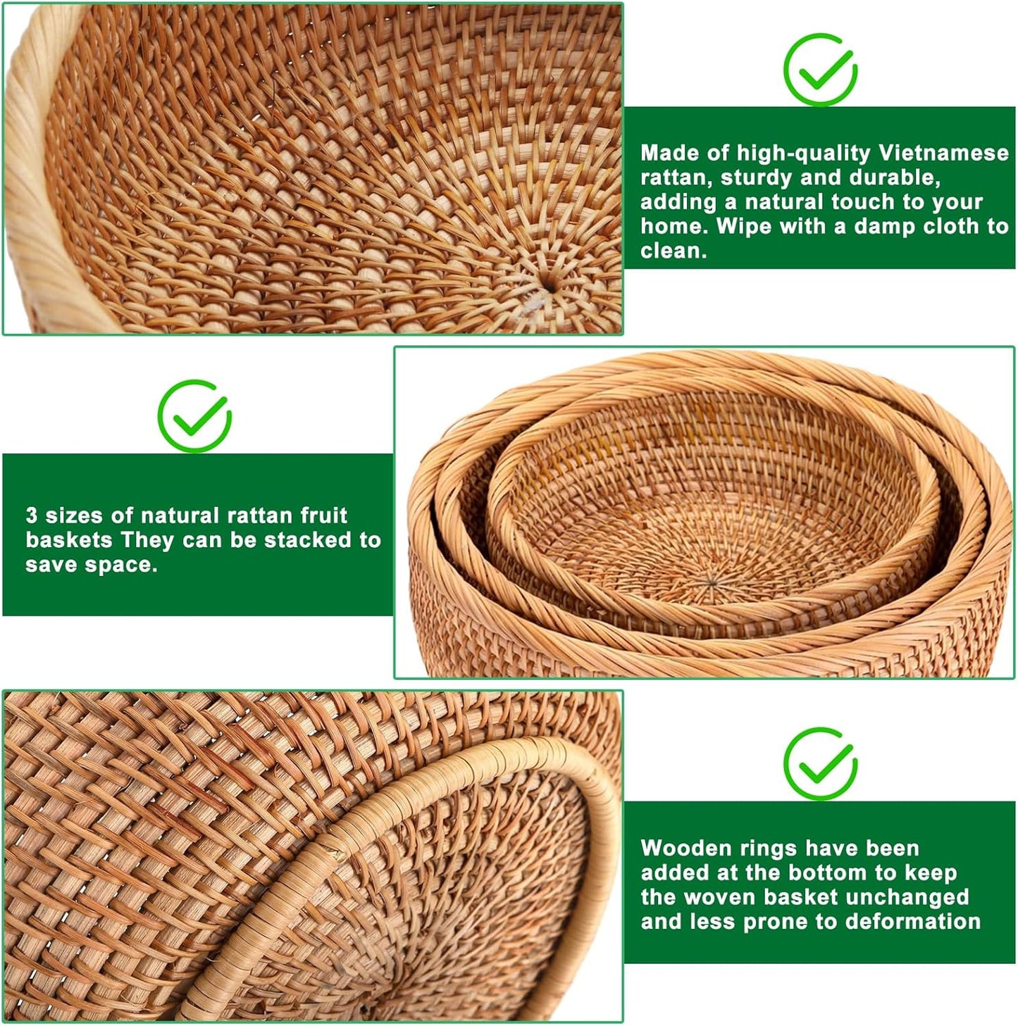 Dluxe Ave. Round Rattan Bread Baskets / Hand Woven Wicker Fruit Basket for Table Set of 3