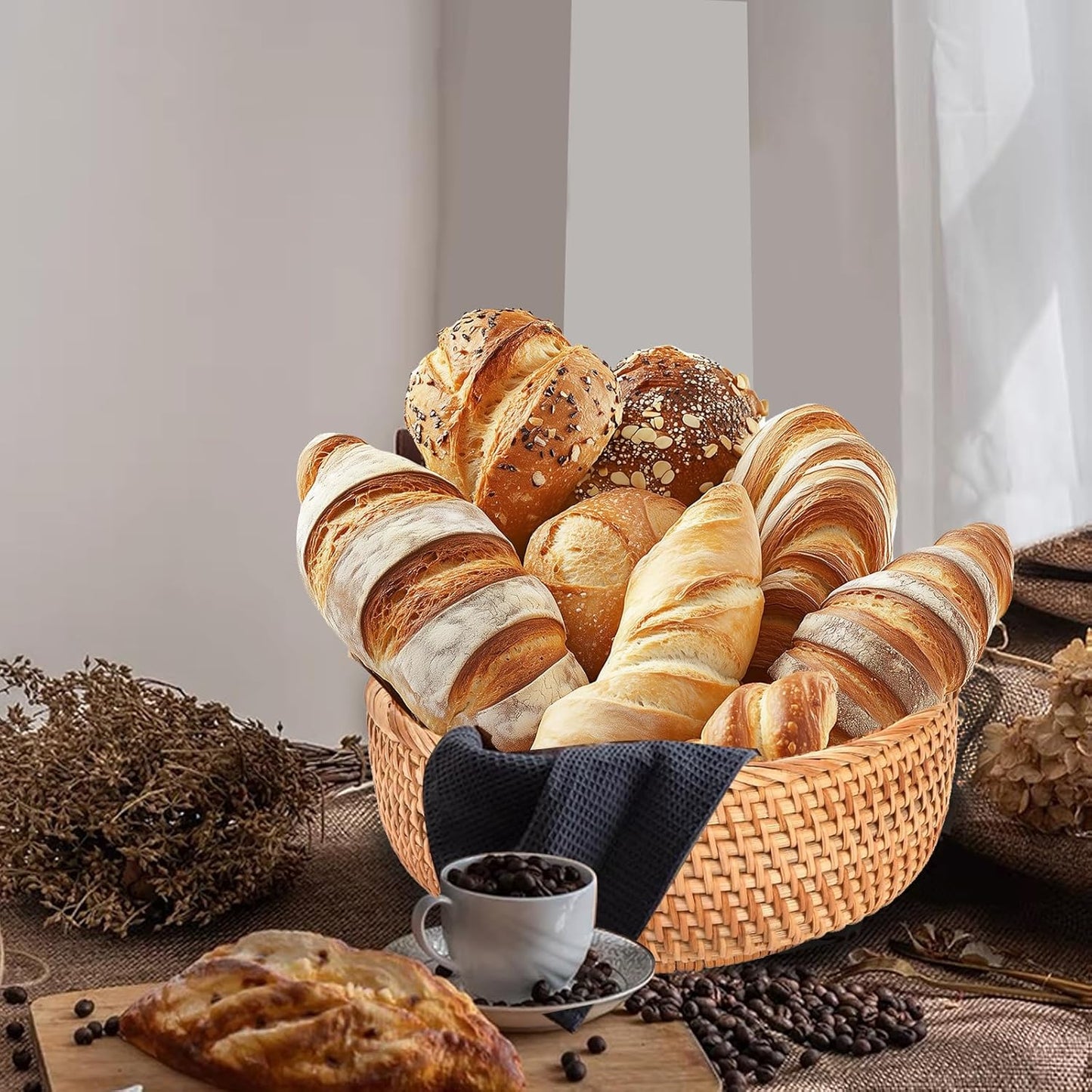 Dluxe Ave. Round Rattan Bread Baskets / Hand Woven Wicker Fruit Basket for Table Set of 3
