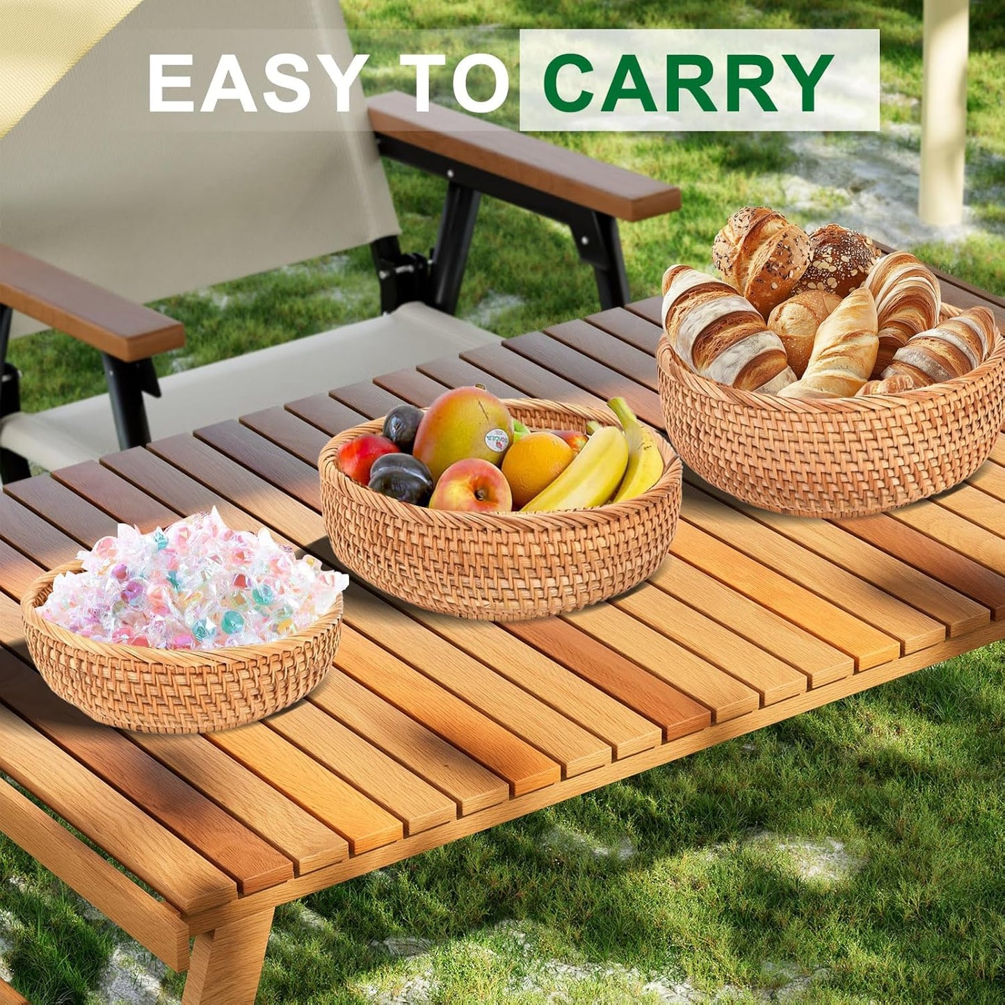 Dluxe Ave. Round Rattan Bread Baskets / Hand Woven Wicker Fruit Basket for Table Set of 3