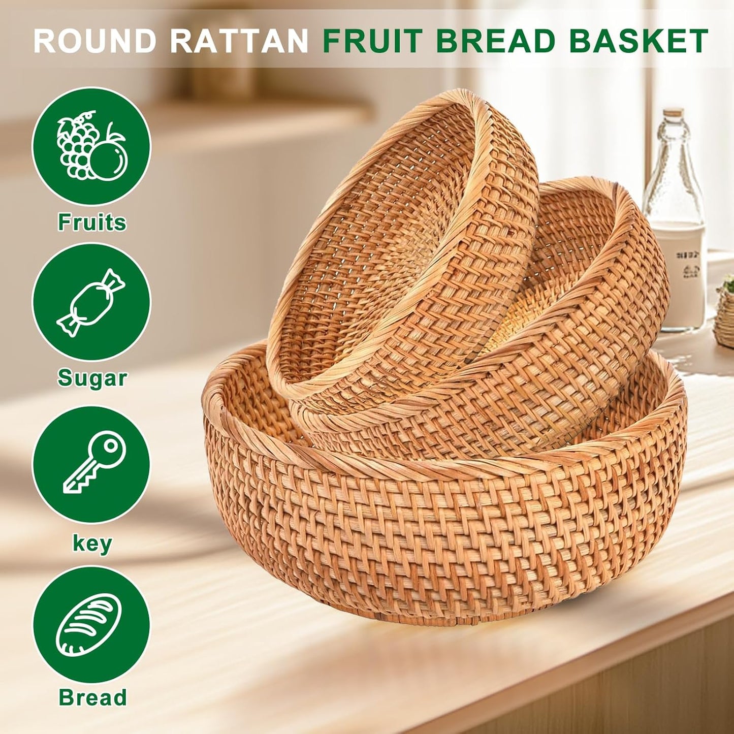 Dluxe Ave. Round Rattan Bread Baskets / Hand Woven Wicker Fruit Basket for Table Set of 3
