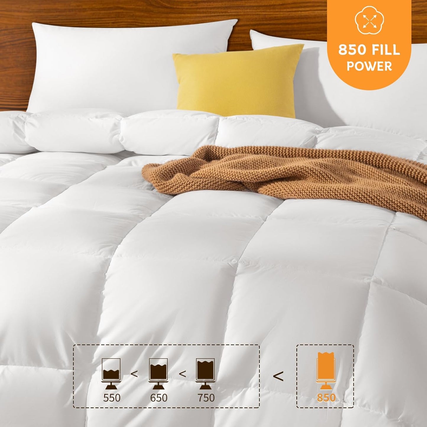 Dluxe Ave. ( QUEEN ) Hungarian Goose Down Comforter 70 oz. Fill Weight Soft 100% Organic Cotton Fabric 850 Fill Power All Season Duvet Insert Hotel Quality Fluffy and Cozy/ White