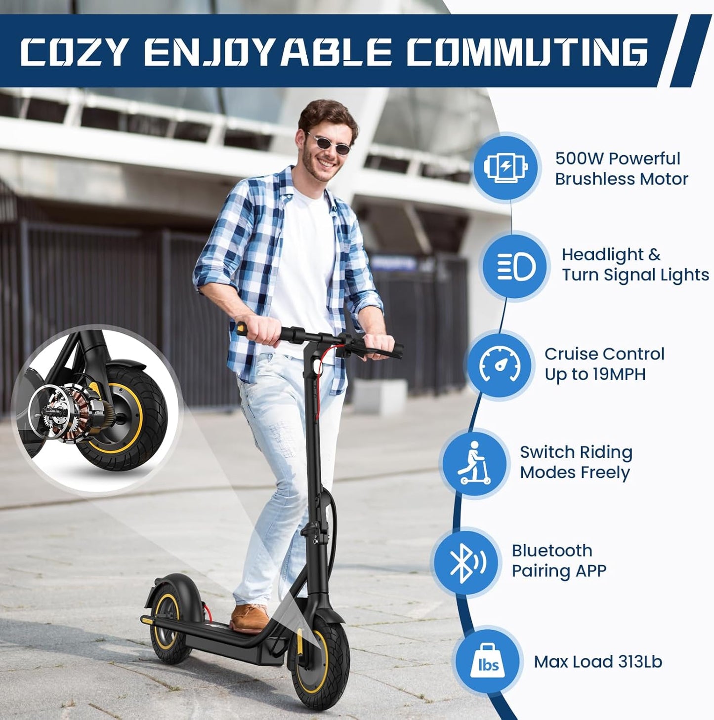 Dluxe Ave. DXH Electric Scooter Adults10" Tires E Scooter with 500W MotorUpto 19MPH & 20Miles Scooter Electric for Adults with Dual Braking Safe System Folding Electric Scooter with APP