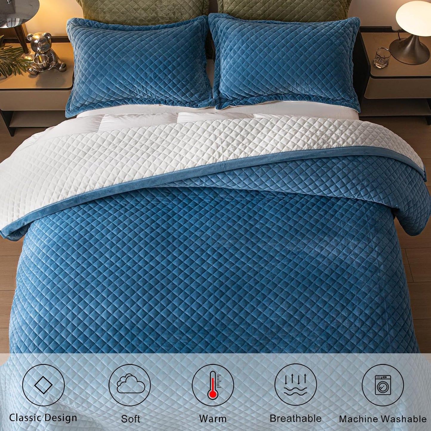 Dluxe Ave. ( QUEEN ) 3 Pcs Velvet Quilt Set, Ultra Soft, Lightweight, Reversible Coverlet, for All Seasons, Royal Blue/White, 90x96 Inches