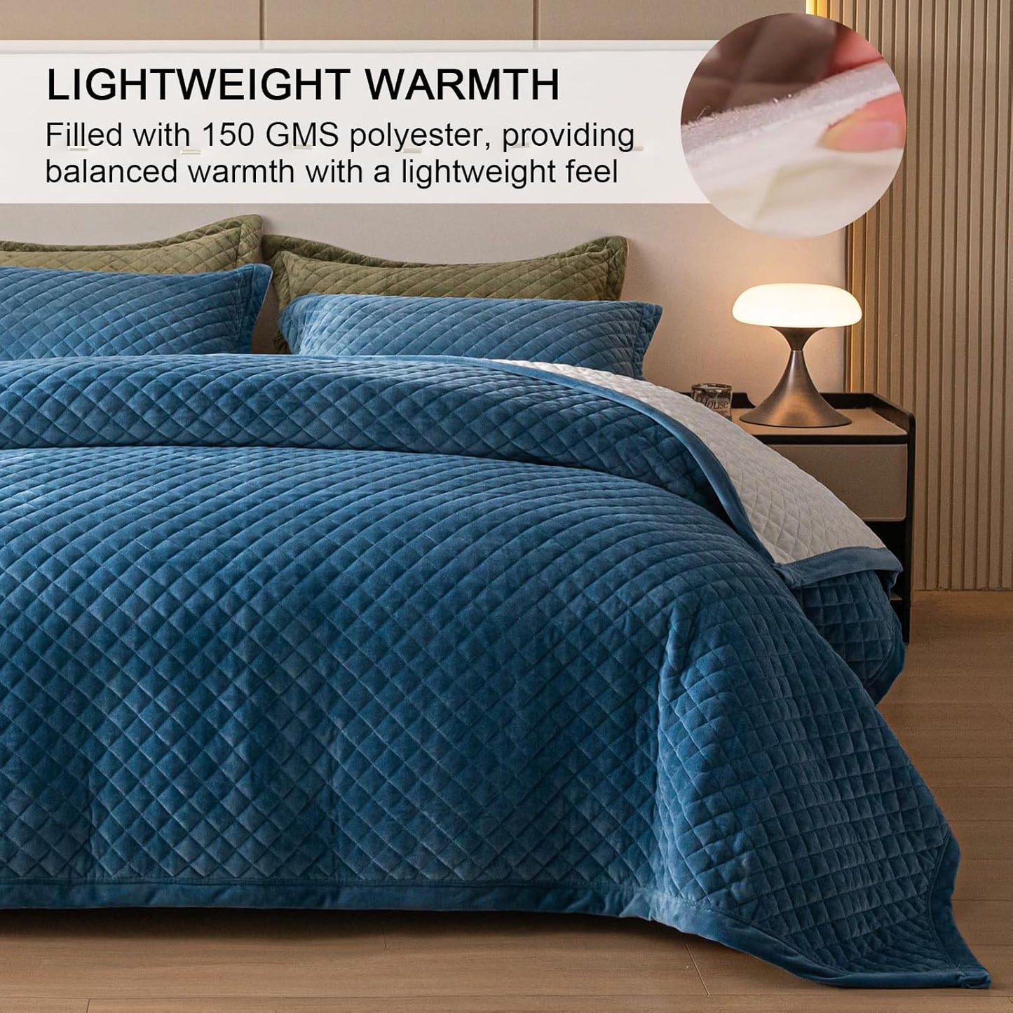 Dluxe Ave. ( QUEEN ) 3 Pcs Velvet Quilt Set, Ultra Soft, Lightweight, Reversible Coverlet, for All Seasons, Royal Blue/White, 90x96 Inches
