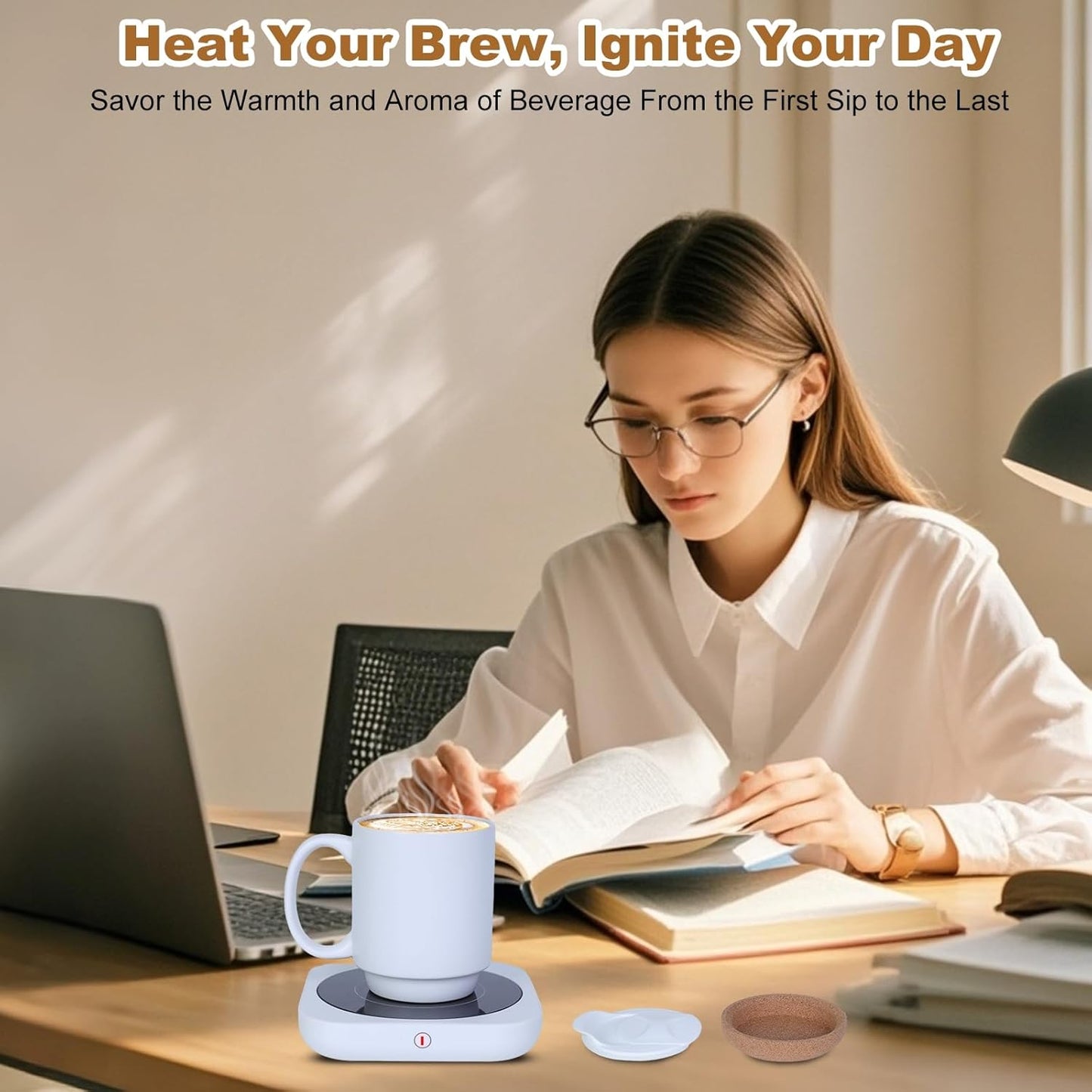 Dluxe Ave. Coffee Mug Warmer & Mug Set for Desk/ Electric 36W with 15oz Ceramic Mug/ White