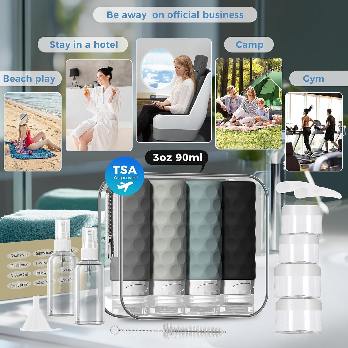 Dluxe Ave. 16pack Travel Bottles for Toiletries/ TSA Approved/ Leak Proof Refillable/ Gray