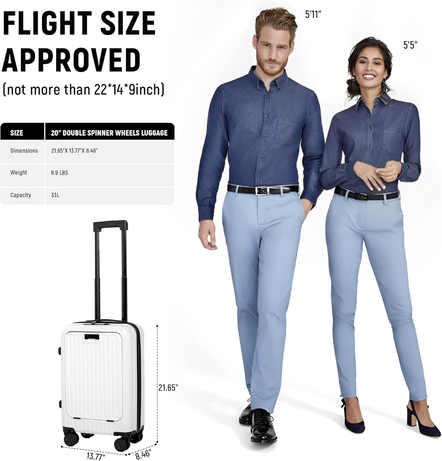 Dluxe Ave. 20in Carry On Luggage/Airline Approved/Spinner Wheels (White) 22x14x9