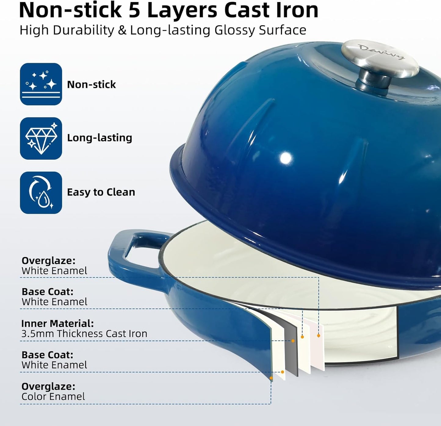 Dluxe Ave. 10"Cast Iron Dutch Oven with Lid/ Ocean Blue