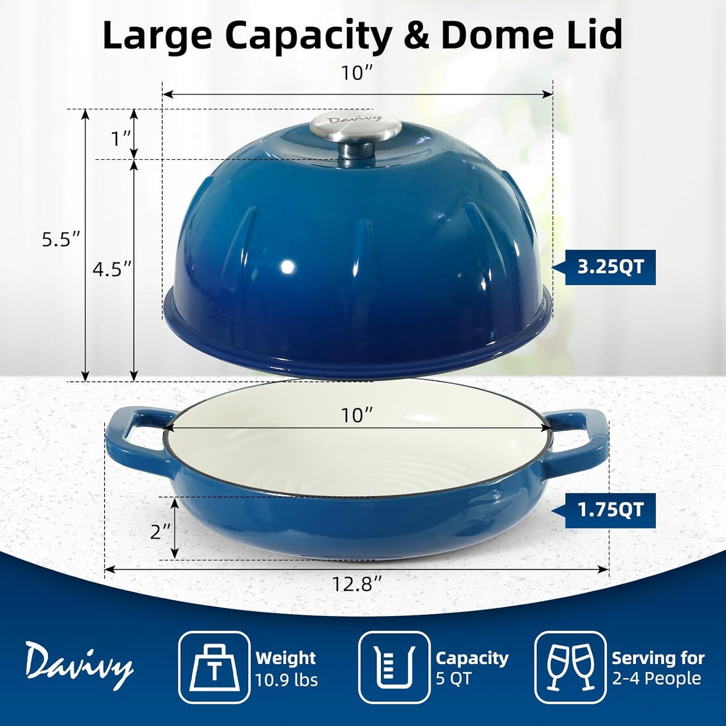 Dluxe Ave. 10"Cast Iron Dutch Oven with Lid/ Ocean Blue