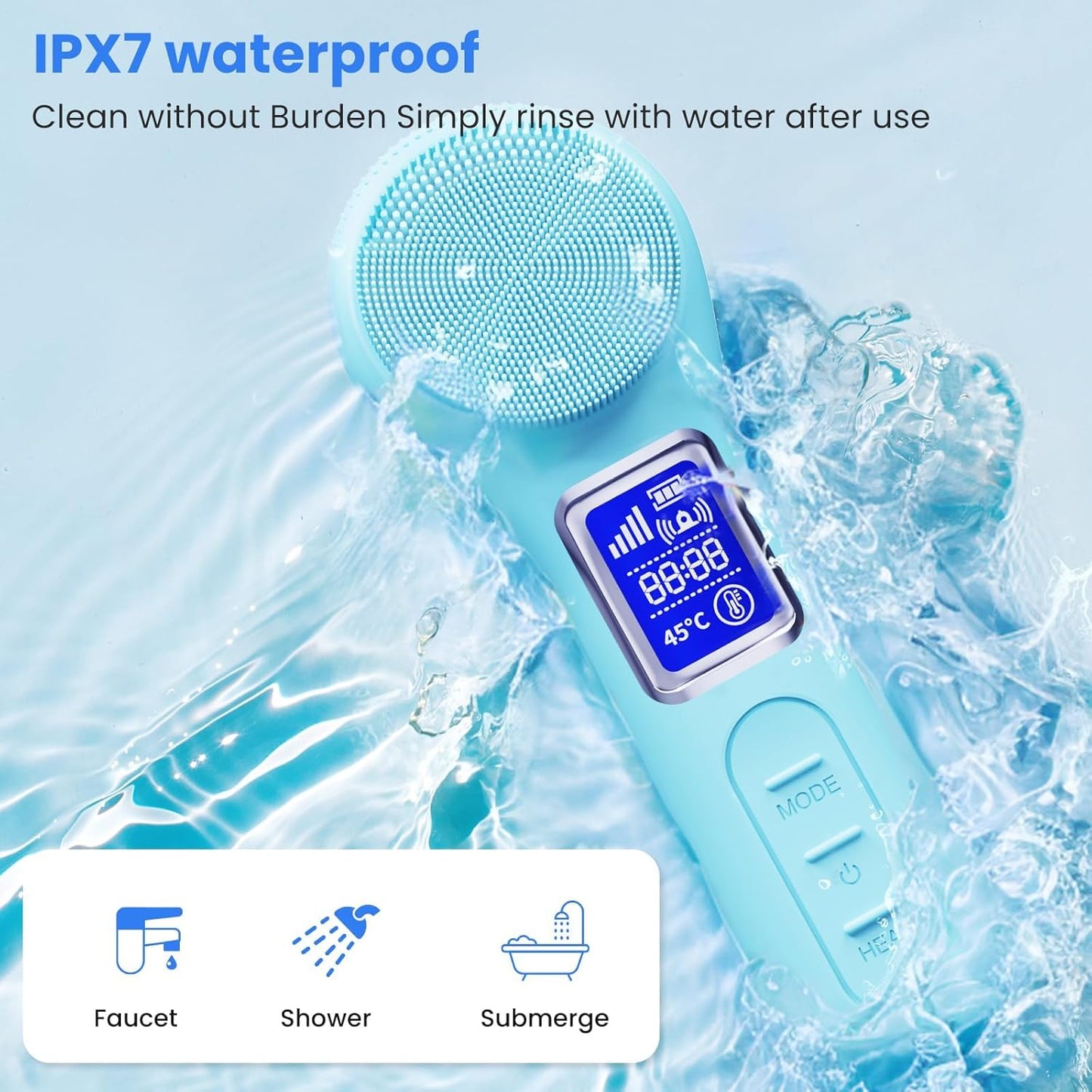 Dluxe Ave.  Waterproof Rechargeable Silicone Face Scrubber/ 5 Cleansing Modes /Sky Blue