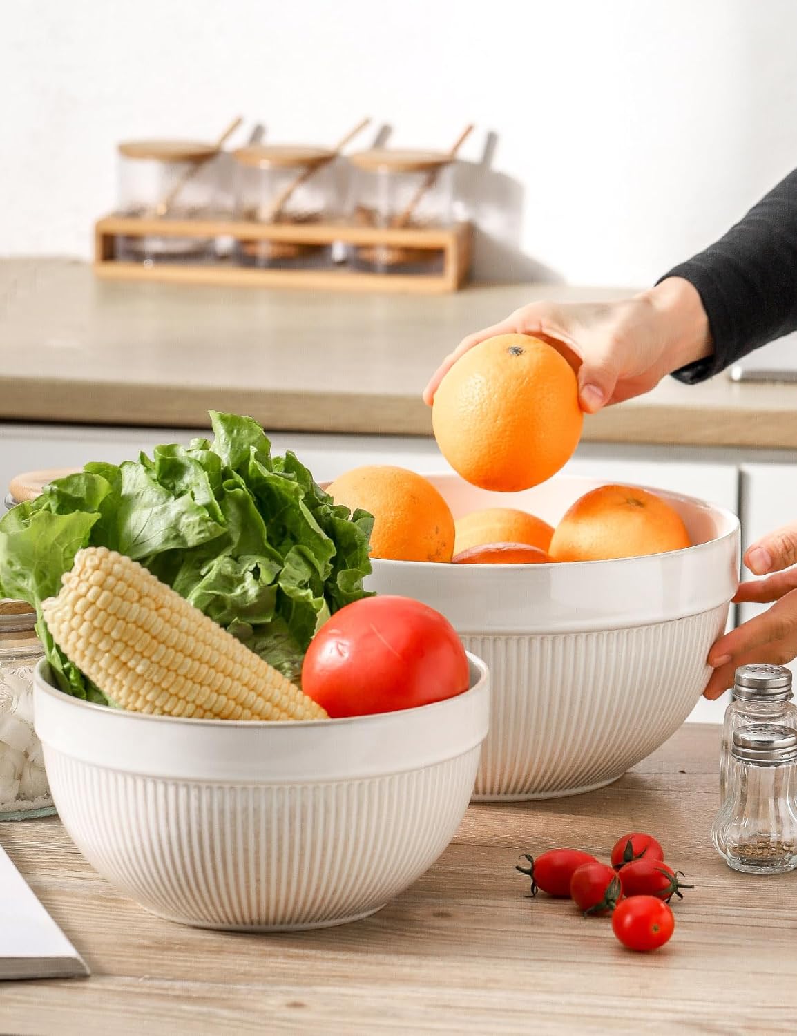 Dluxe Ave. Ceramic Large Yellow Stripe Mixing Bowls /Set of 2 /   10in. & 8in. (White)