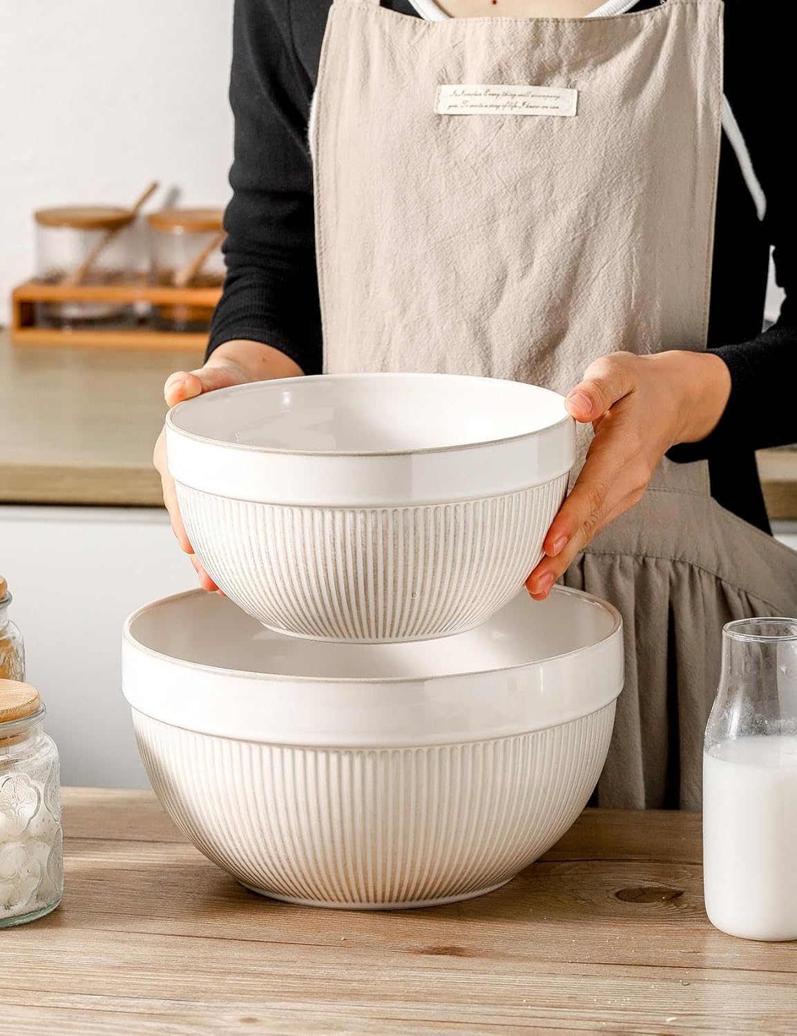 Dluxe Ave. Ceramic Large Yellow Stripe Mixing Bowls /Set of 2 /   10in. & 8in. (White)