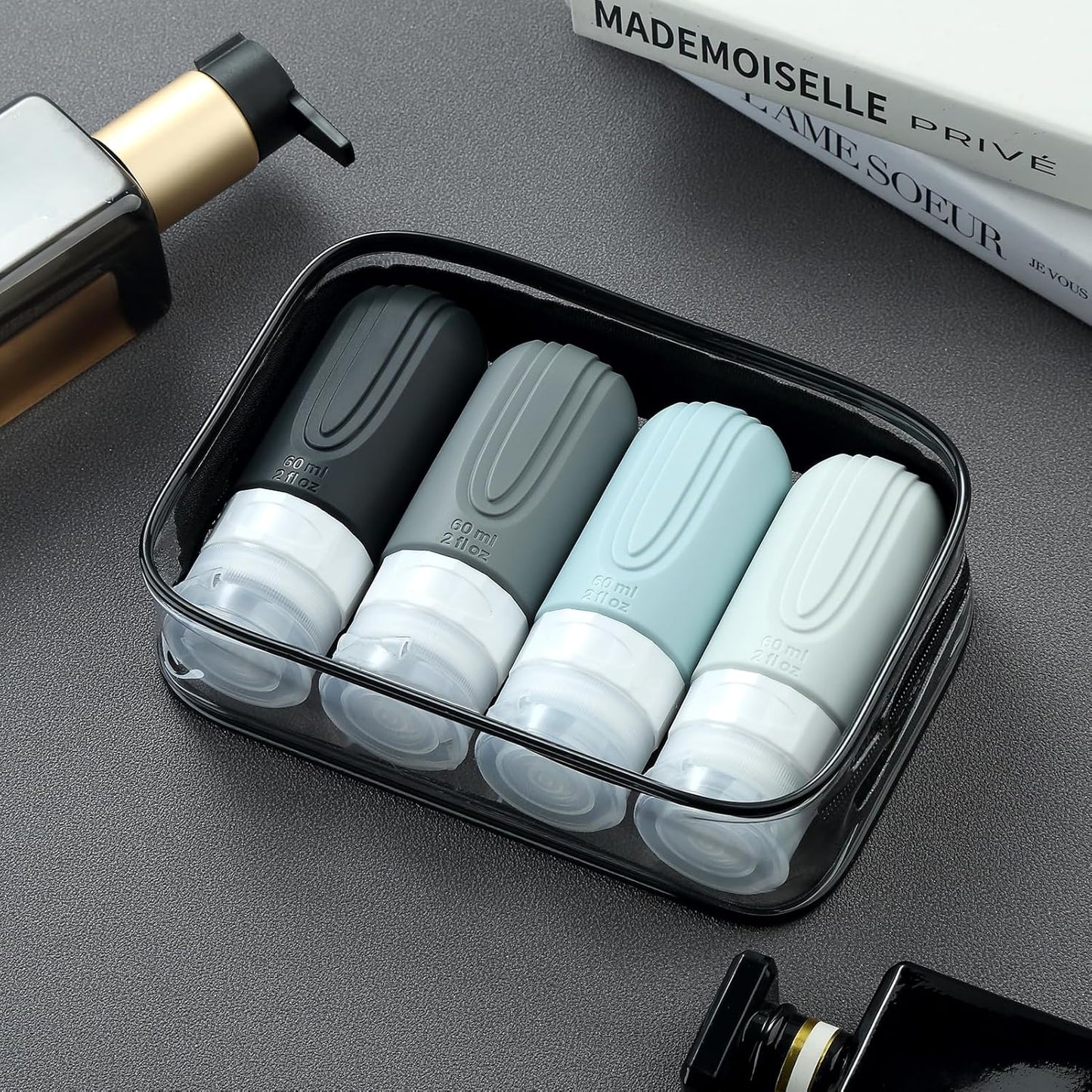Dluxe Ave. Travel Bottles for Toiletries/ TSA Approved/ 2oz Travel size Bottles/ BPA Free/ 4 Pack