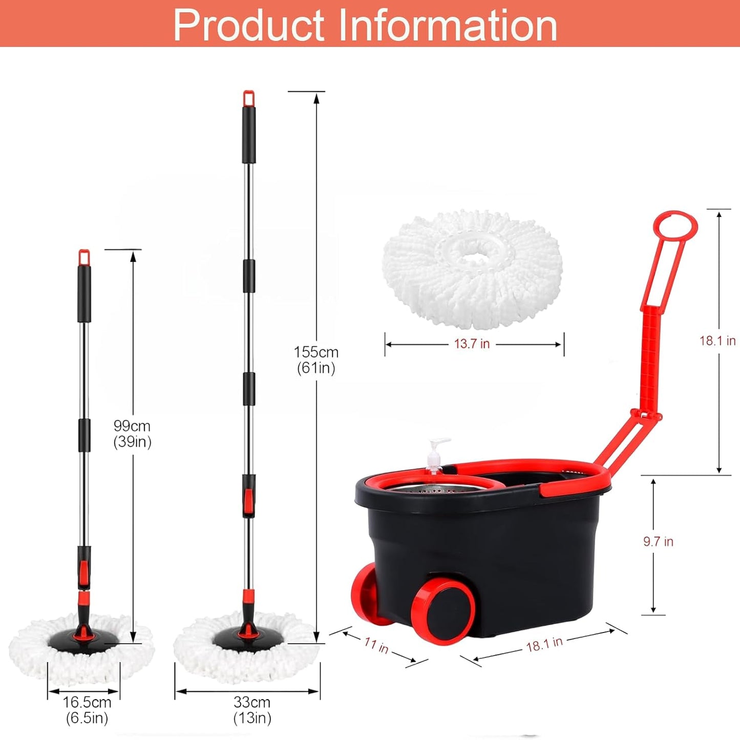 Dluxe Ave. Spin Mop and Bucket with Wringer Set on Wheels/ Stainless Steel Adjustable Handle