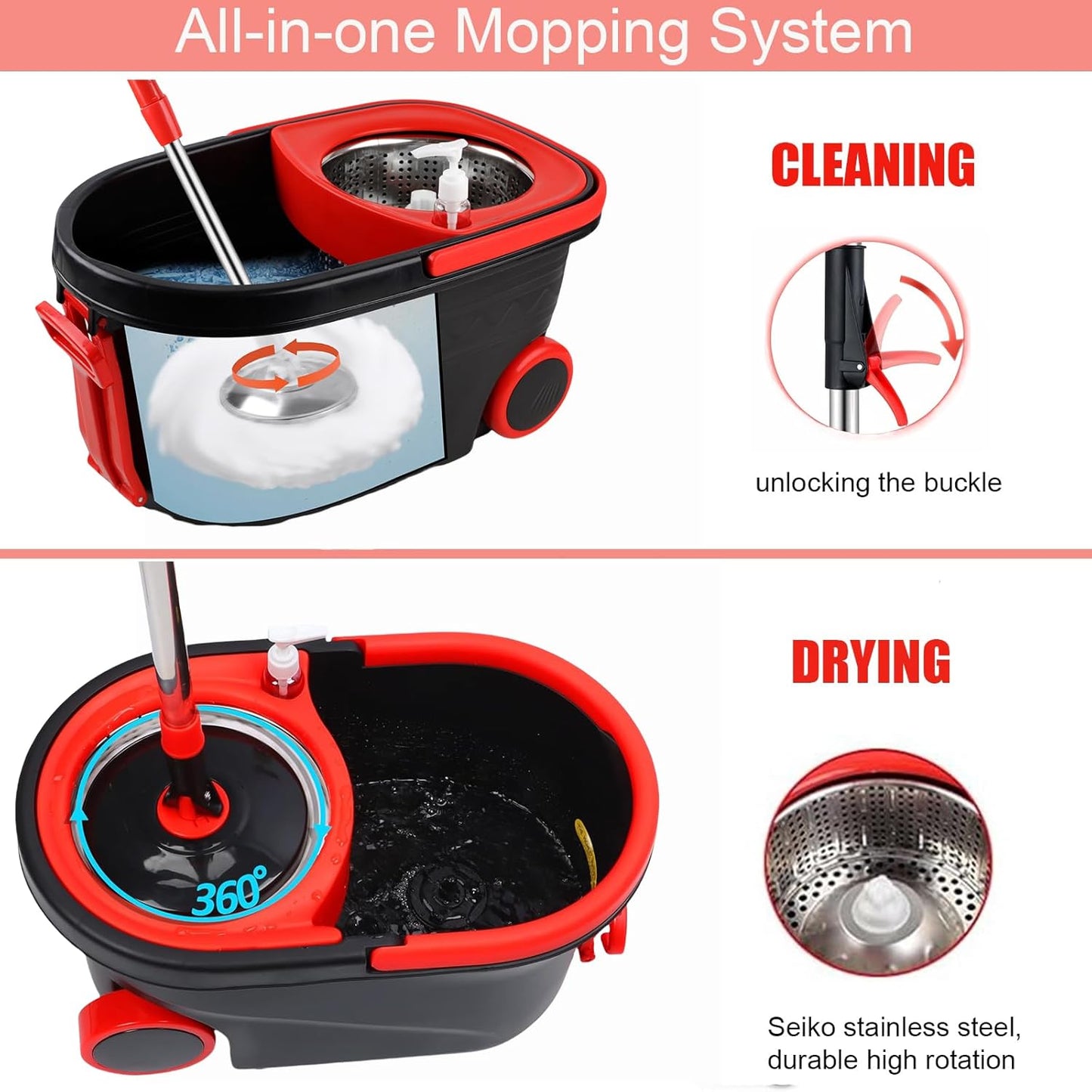 Dluxe Ave. Spin Mop and Bucket with Wringer Set on Wheels/ Stainless Steel Adjustable Handle