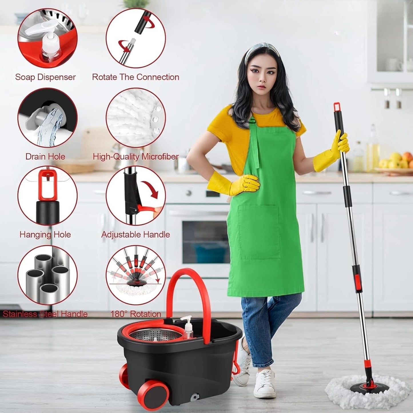 Dluxe Ave. Spin Mop and Bucket with Wringer Set on Wheels/ Stainless Steel Adjustable Handle