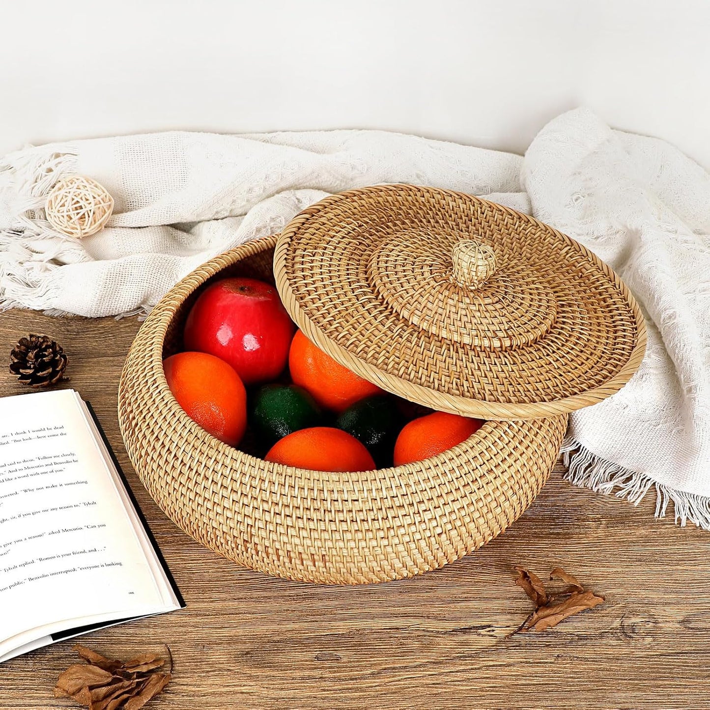Dluxe Ave. Round Rattan Boxes with Lid/ X-Large Woven Bread Basket (Natural Wicker)
