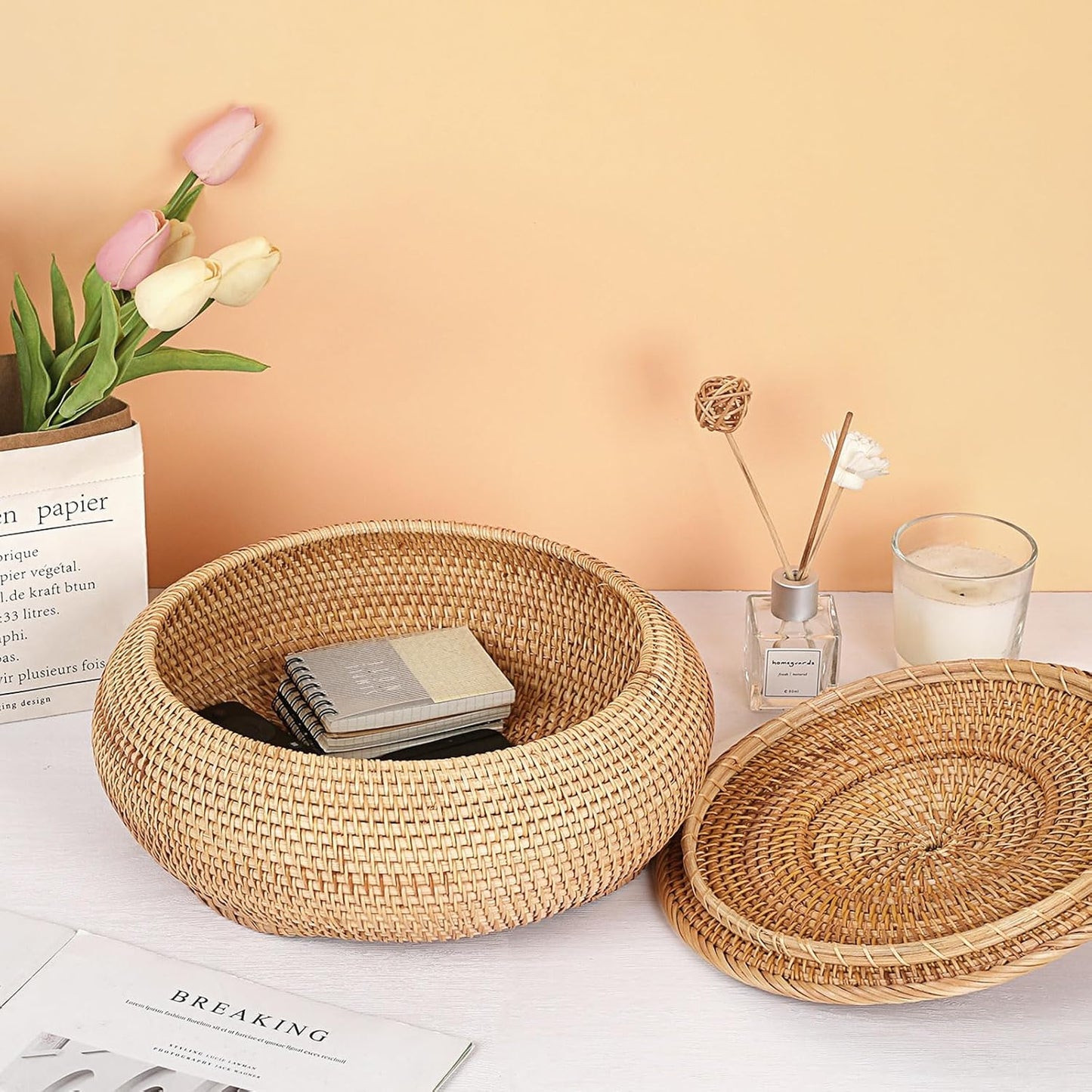 Dluxe Ave. Round Rattan Boxes with Lid/ X-Large Woven Bread Basket (Natural Wicker)