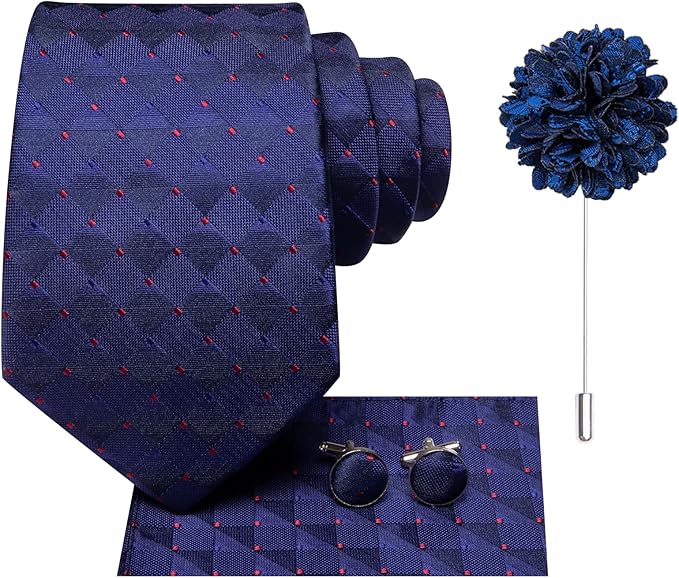 Dluxe Ave. Mens Ties Set Silk Ties for Men 4PCS Neck Tie & Pocket Square Flower Lapel Pin Cufflinks Set Black Red Green Tie Royal Blue
