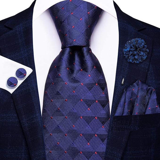 Dluxe Ave. Mens Ties Set Silk Ties for Men 4PCS Neck Tie & Pocket Square Flower Lapel Pin Cufflinks Set Black Red Green Tie Royal Blue