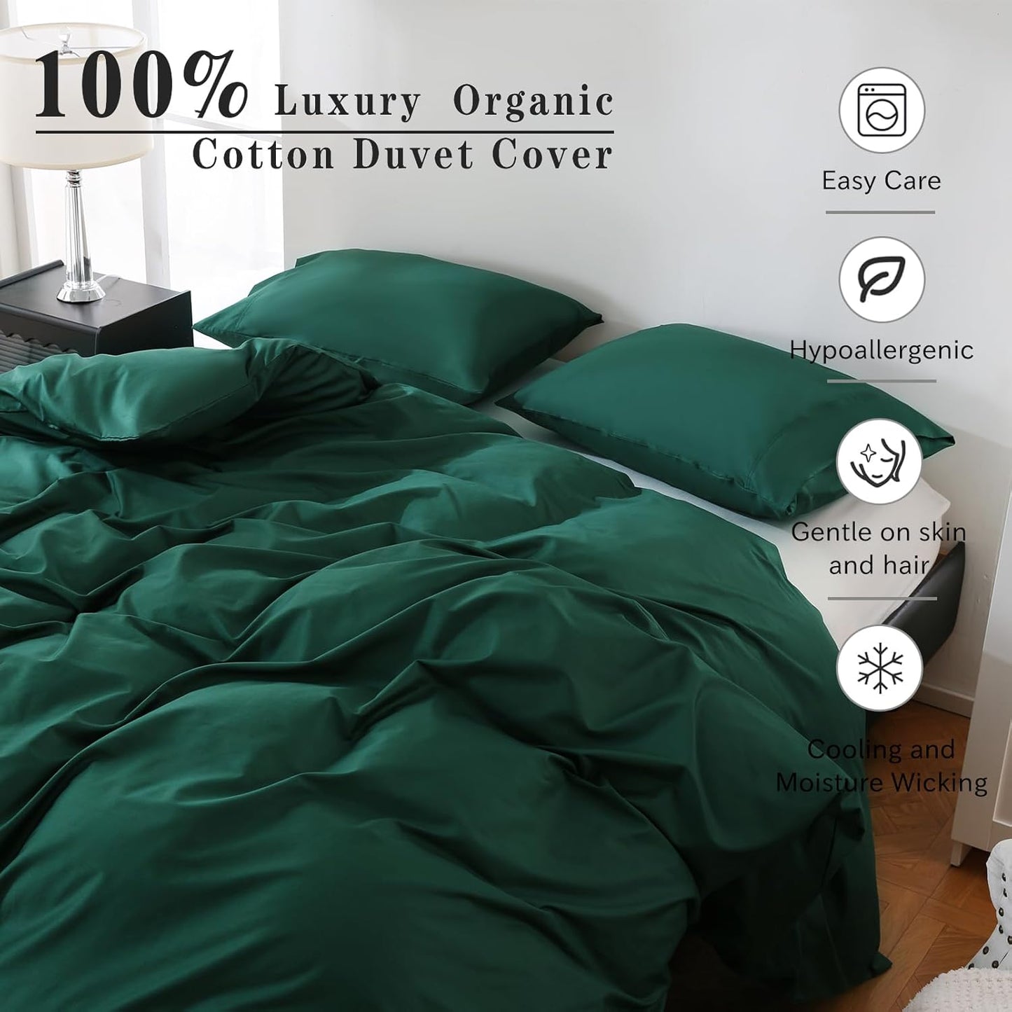 Dluxe Ave. ( QUEEN ) 3 Pcs 100% Organic Cotton {Duvet Cover} Luxury 400 Thread Count, Dark Green