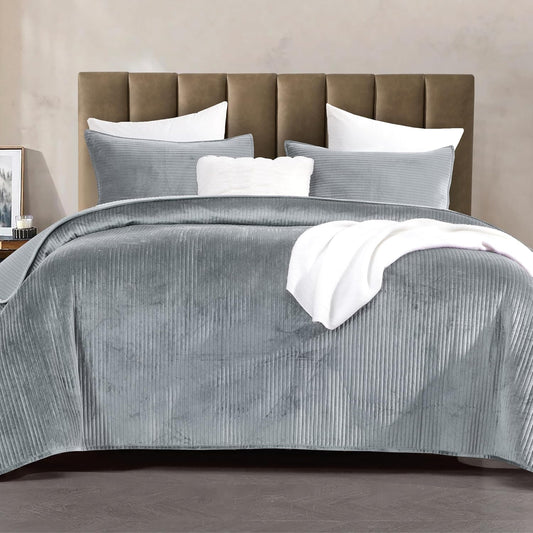 Dluxe Ave. ( FULL ) 3-Piece  Luxury Velvet Corduroy Stripe Quilt Set, Gray