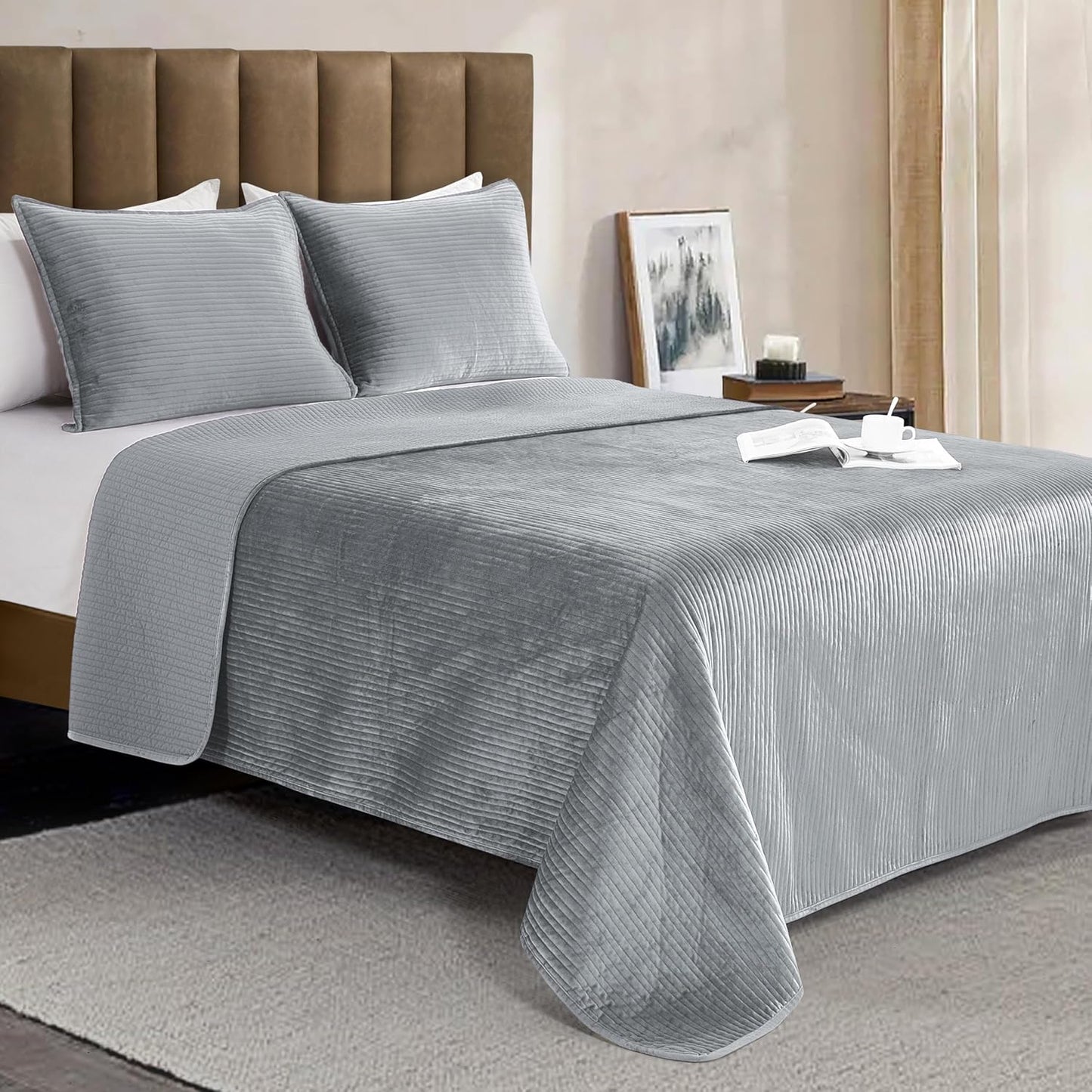 Dluxe Ave. ( FULL ) 3-Piece  Luxury Velvet Corduroy Stripe Quilt Set, Gray