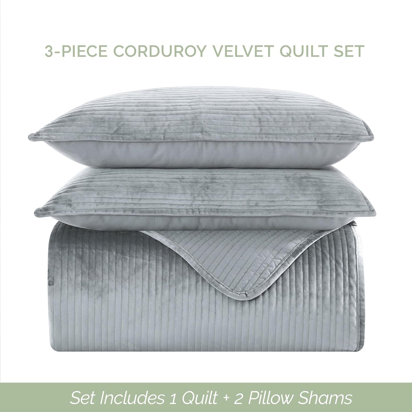 Dluxe Ave. ( FULL ) 3-Piece  Luxury Velvet Corduroy Stripe Quilt Set, Gray