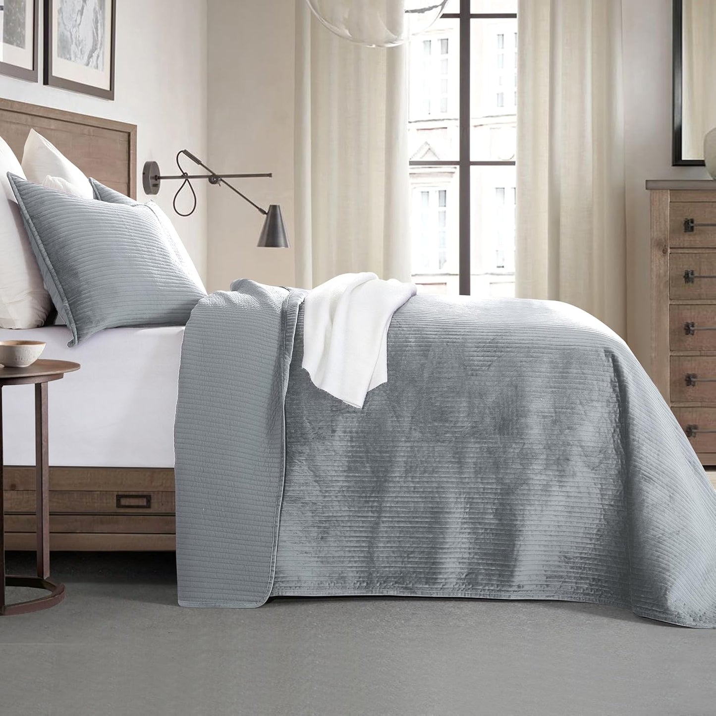 Dluxe Ave. ( FULL ) 3-Piece  Luxury Velvet Corduroy Stripe Quilt Set, Gray
