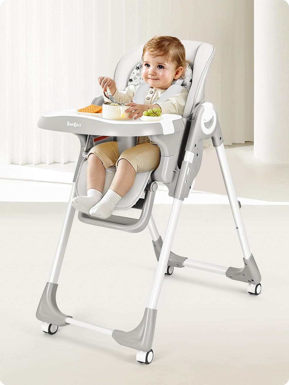 Dluxe Ave Babilous Convertible High Chairs for Babies and Toddlers Foldable High Chair with Adjustable Backrest Footrest and Tray Baby Dinning High Chair with Lockable Wheels Star Gray