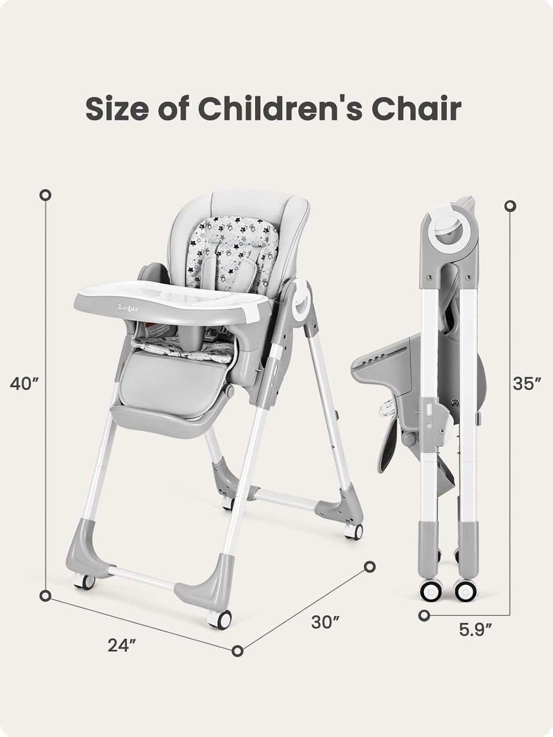 Dluxe Ave Babilous Convertible High Chairs for Babies and Toddlers Foldable High Chair with Adjustable Backrest Footrest and Tray Baby Dinning High Chair with Lockable Wheels Star Gray