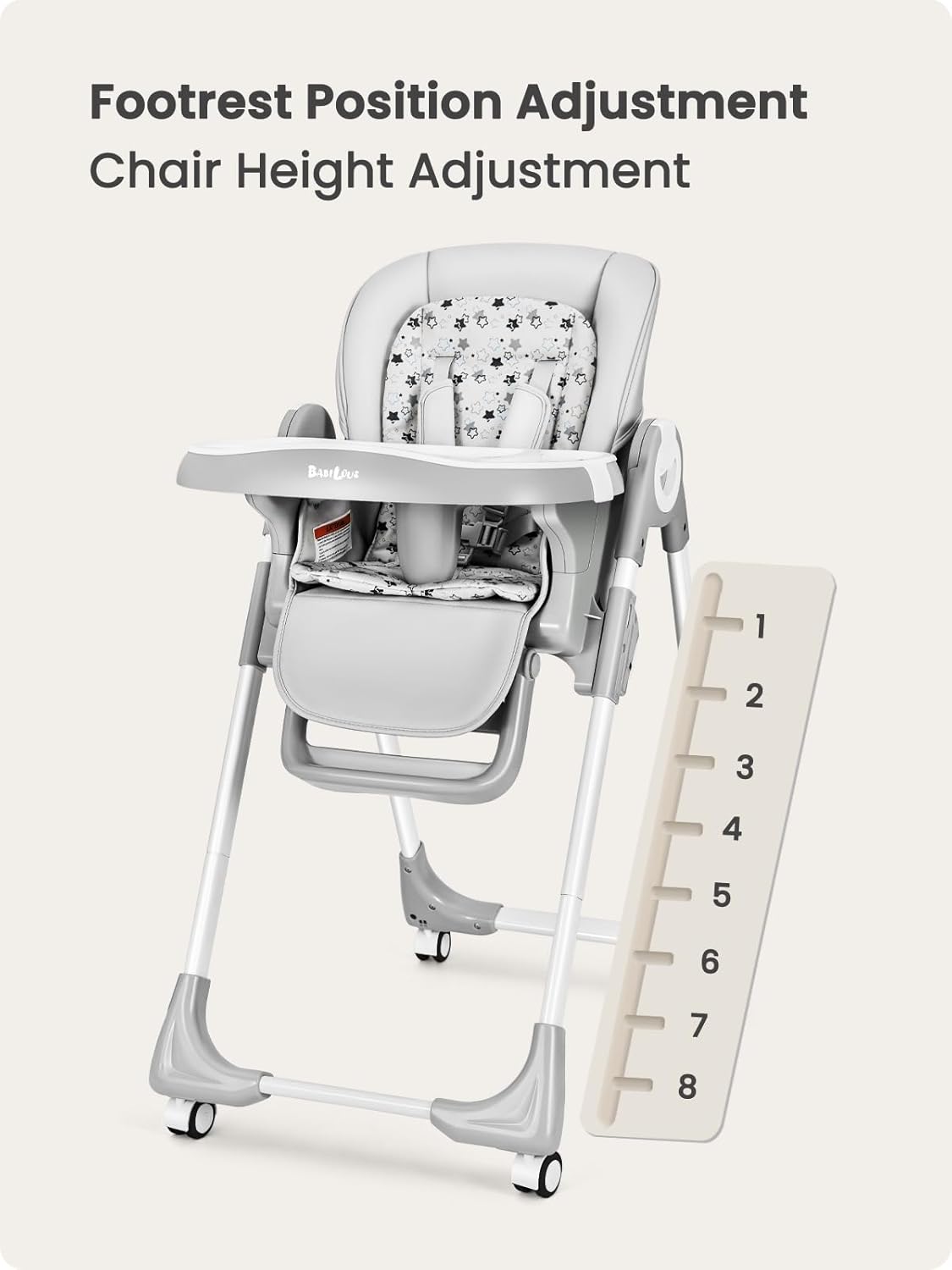Dluxe Ave Babilous Convertible High Chairs for Babies and Toddlers Foldable High Chair with Adjustable Backrest Footrest and Tray Baby Dinning High Chair with Lockable Wheels Star Gray