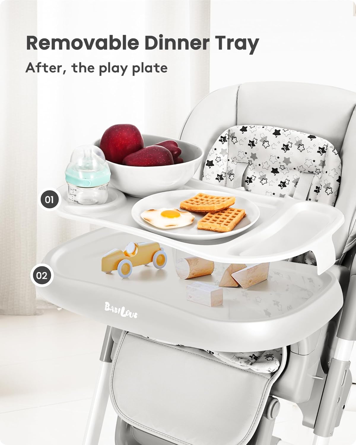 Dluxe Ave Babilous Convertible High Chairs for Babies and Toddlers Foldable High Chair with Adjustable Backrest Footrest and Tray Baby Dinning High Chair with Lockable Wheels Star Gray