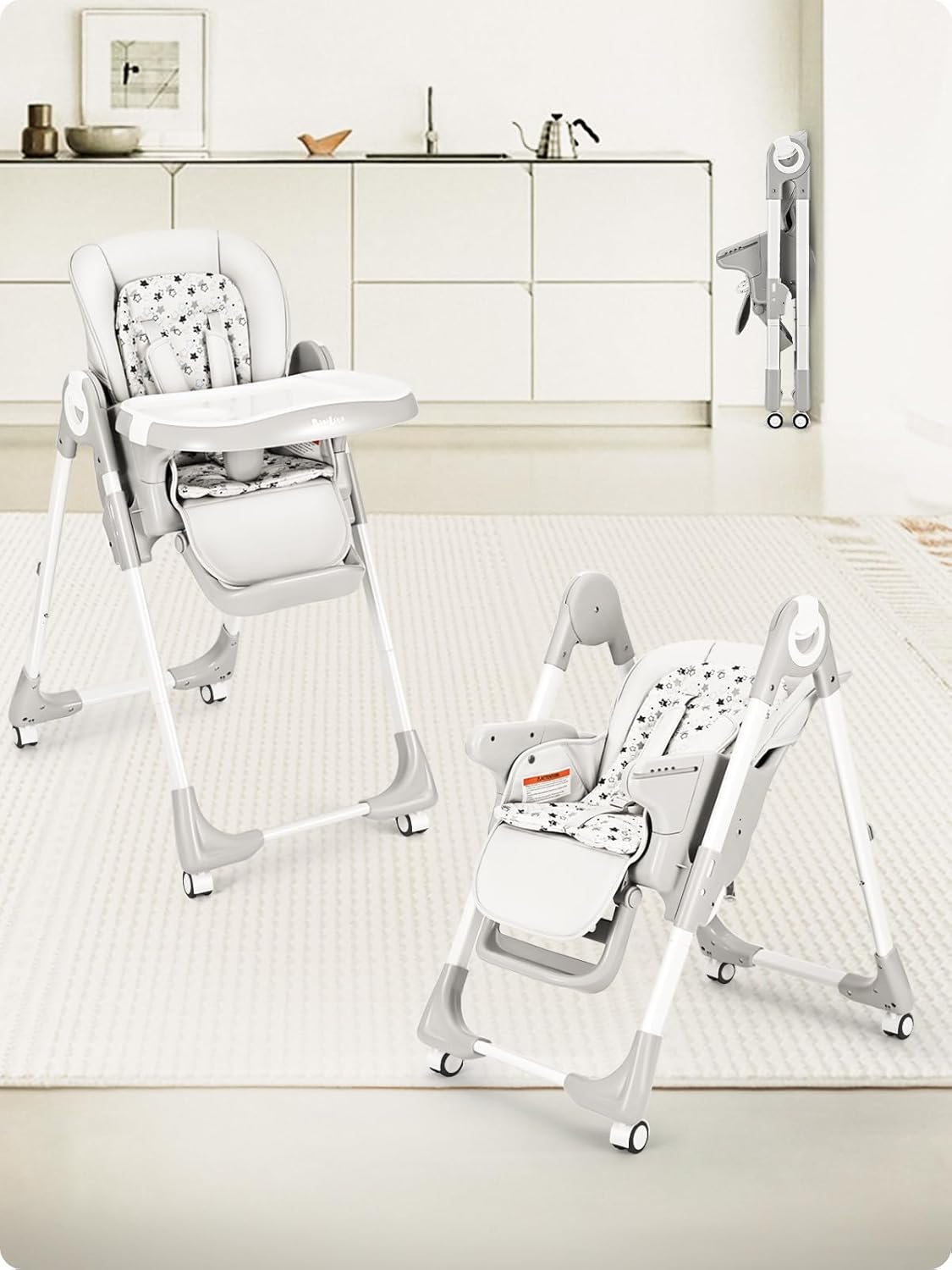 Dluxe Ave Babilous Convertible High Chairs for Babies and Toddlers Foldable High Chair with Adjustable Backrest Footrest and Tray Baby Dinning High Chair with Lockable Wheels Star Gray