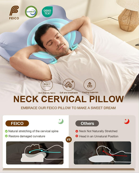 Dluxe Ave.Cervical Neck Pillow Memory Foam Pillows for Neck Pain Relief, Light-Blue 24" L x 14" W