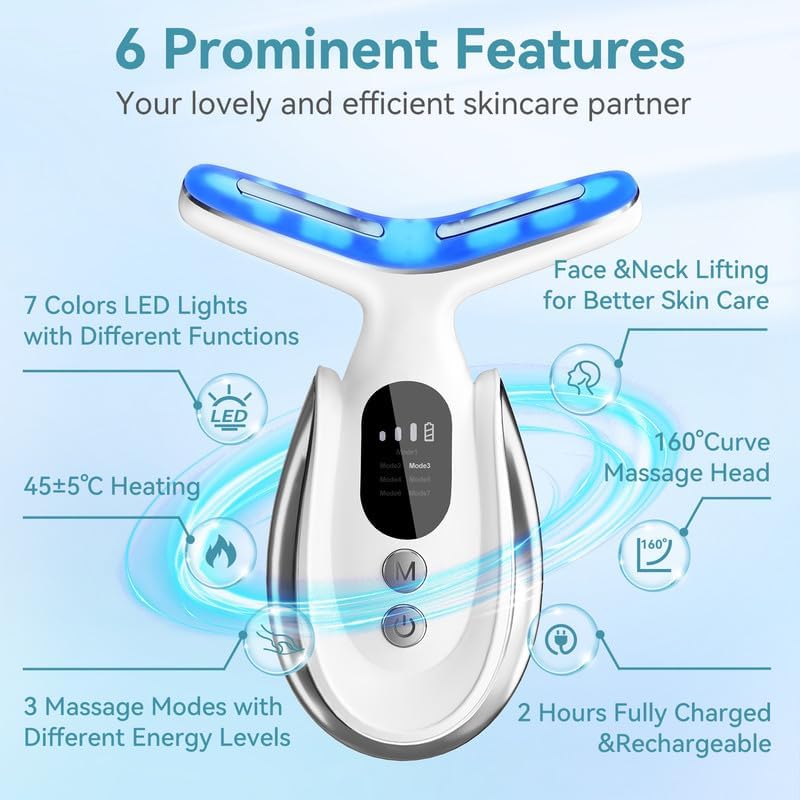 Dluxe Ave. Neck Face Massager 7-in-1 Portable Facial Massager for Enhanced Face Neck and Shoulder Care with Vibrating and Warming Function，white