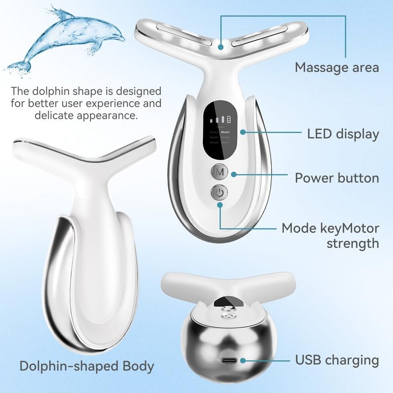 Dluxe Ave. Neck Face Massager 7-in-1 Portable Facial Massager for Enhanced Face Neck and Shoulder Care with Vibrating and Warming Function，white