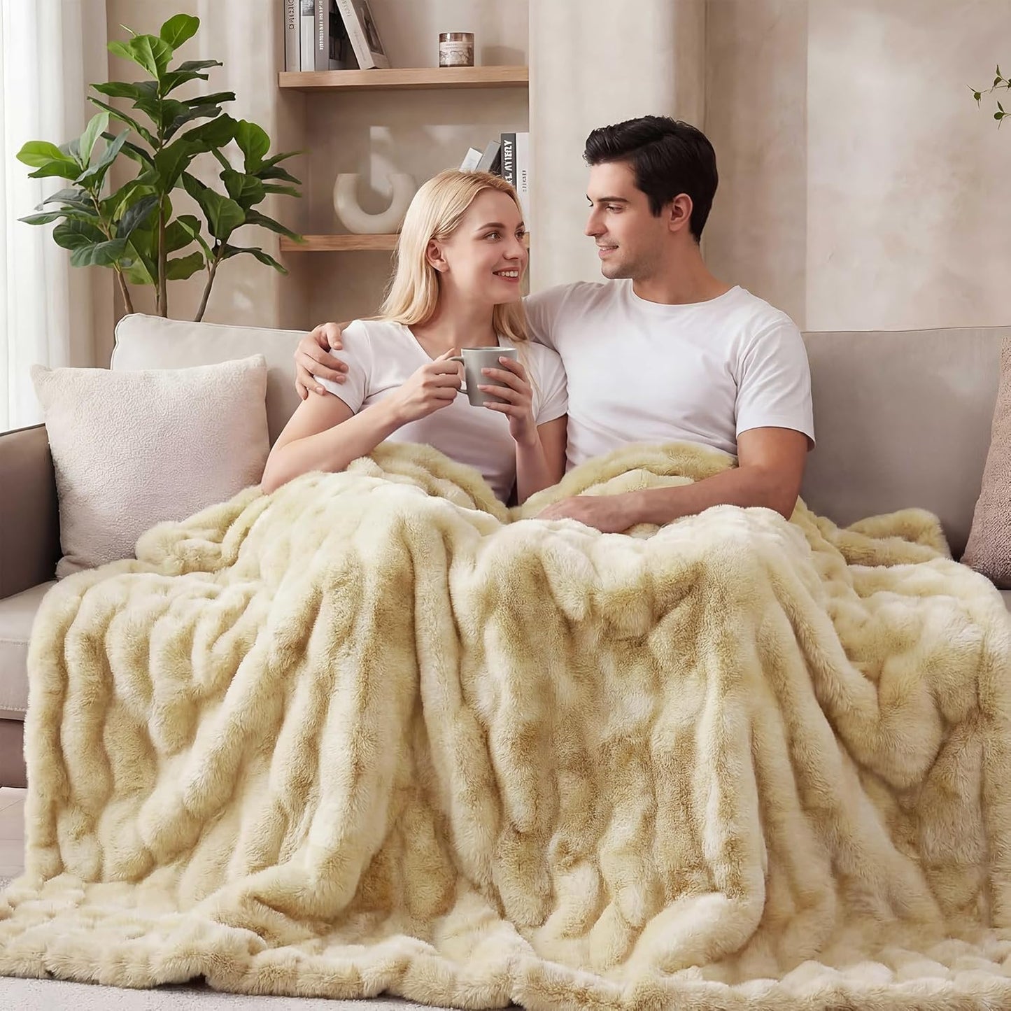 Dluxe Ave. ( THROW ) Camel Faux Fur Rabbit Thick Throw Blanket, (Camel) 50x60 860 GSM