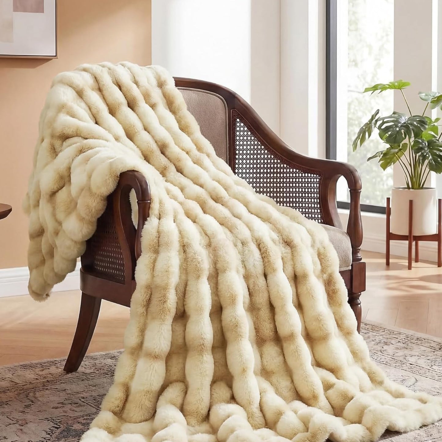 Dluxe Ave. ( THROW ) Camel Faux Fur Rabbit Thick Throw Blanket, (Camel) 50x60 860 GSM