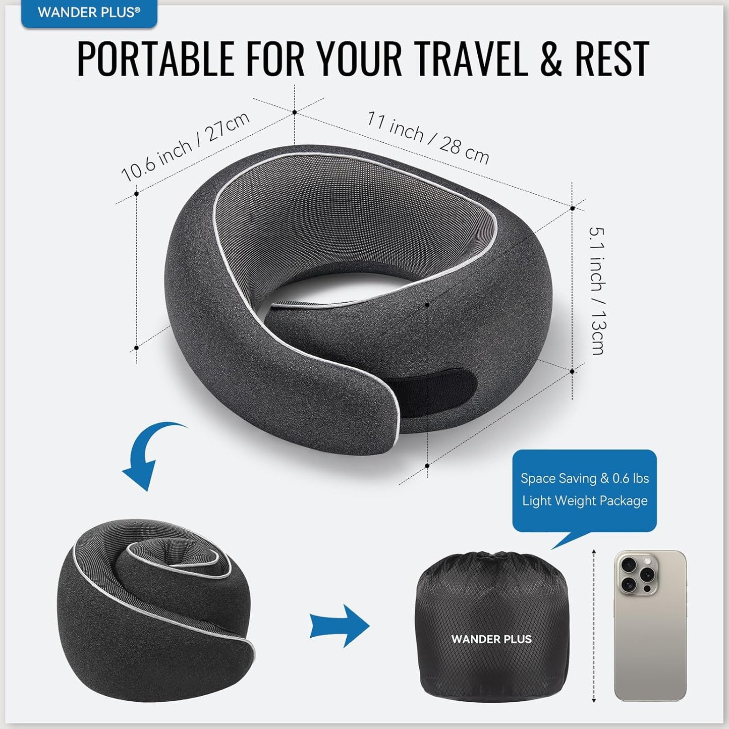 Dluxe Ave. Travel Neck Pillow Pure Memory Foam/ Airplanes Comfortable/ Black