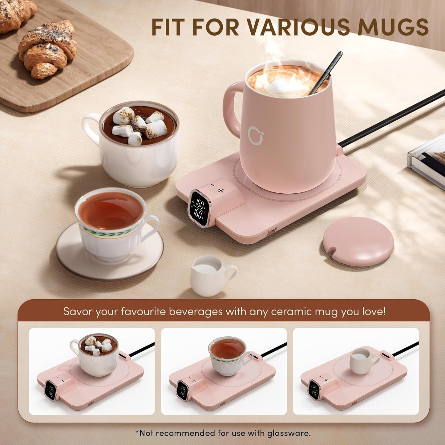 Dluxe Ave. 2Pcs Heated Coffee Mug Warmer & Mug Set (Dark Grey and Pink)