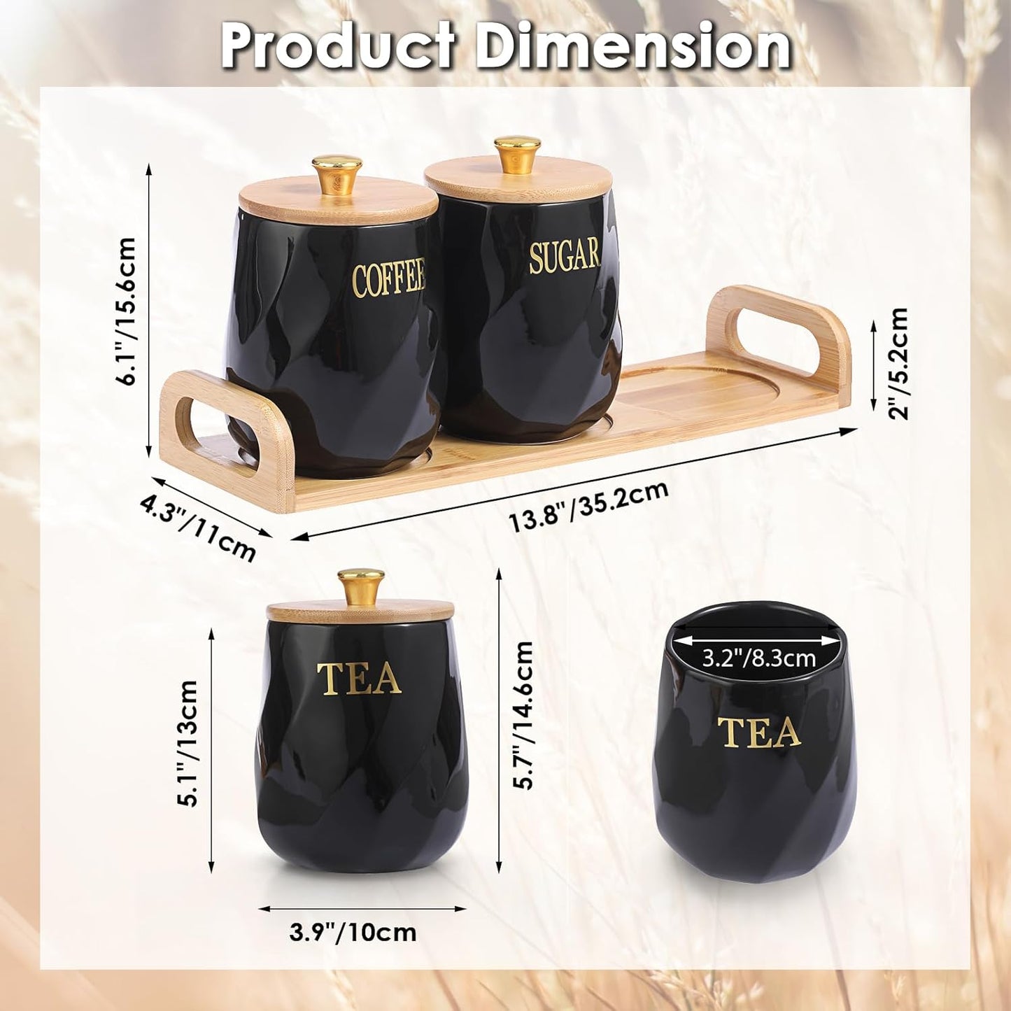 Dluxe Ave. OGANAZI 3 Pack Ceramic Canister Set with Bamboo Lids and Handle Tray Coffee Tea Sugar Container Set Black Ceramic Storage Jar Kitchen Canister for Countertop