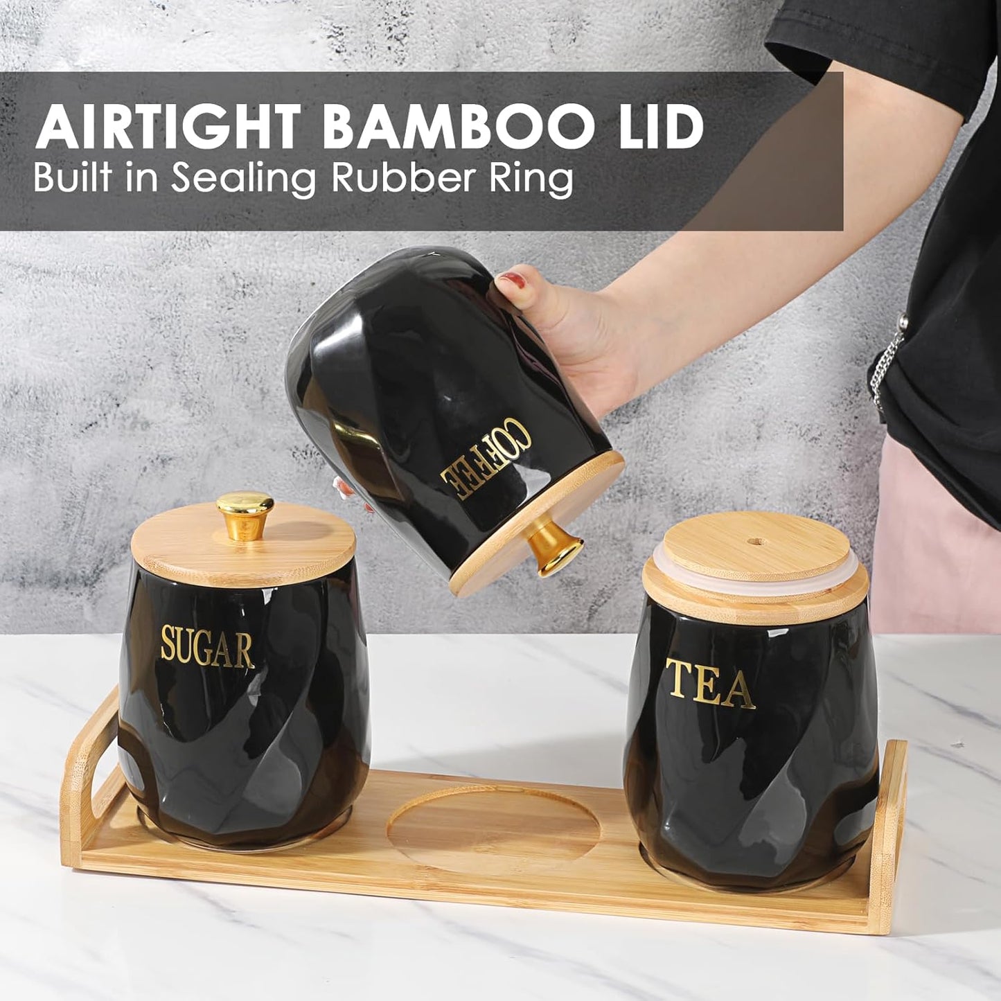 Dluxe Ave. OGANAZI 3 Pack Ceramic Canister Set with Bamboo Lids and Handle Tray Coffee Tea Sugar Container Set Black Ceramic Storage Jar Kitchen Canister for Countertop