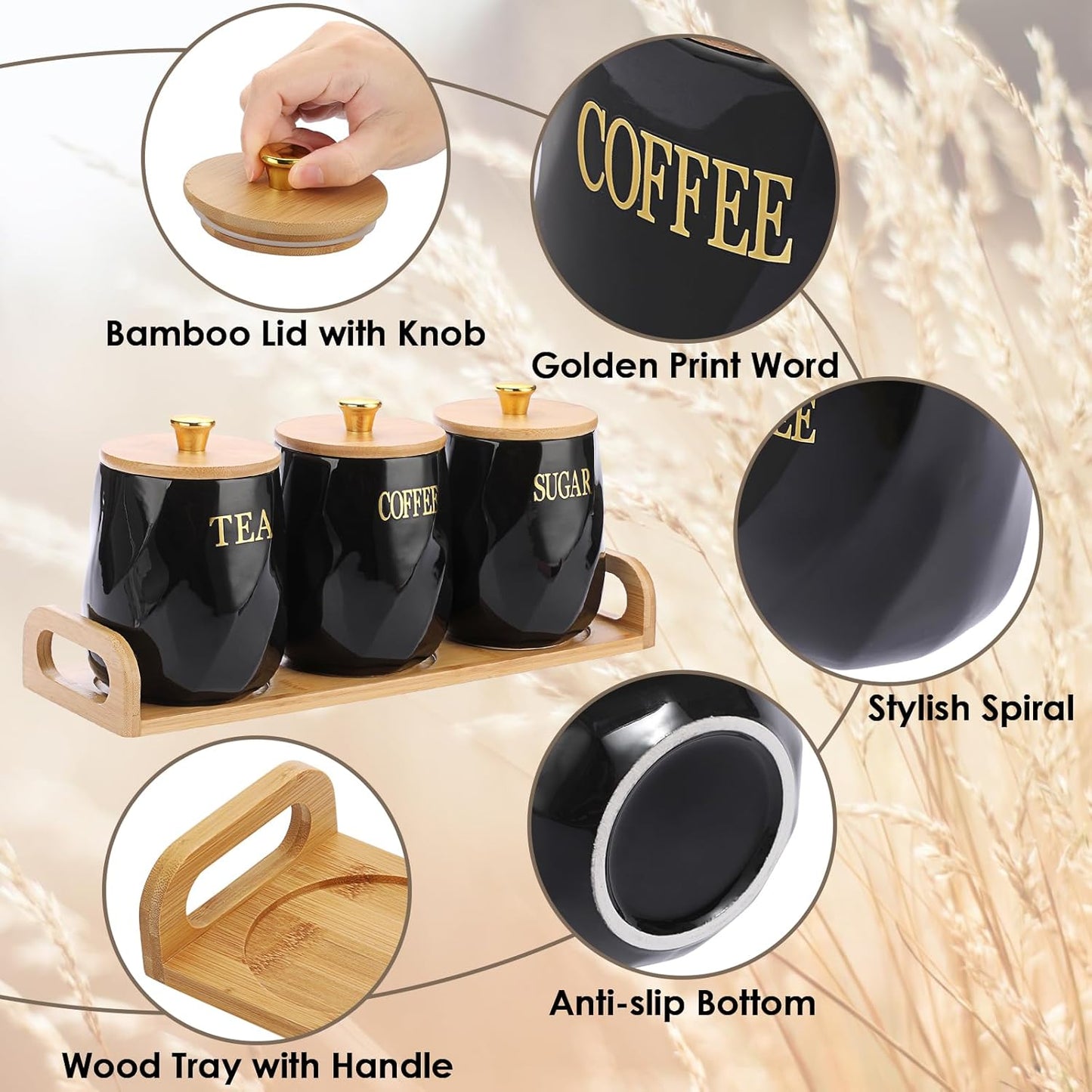 Dluxe Ave. OGANAZI 3 Pack Ceramic Canister Set with Bamboo Lids and Handle Tray Coffee Tea Sugar Container Set Black Ceramic Storage Jar Kitchen Canister for Countertop