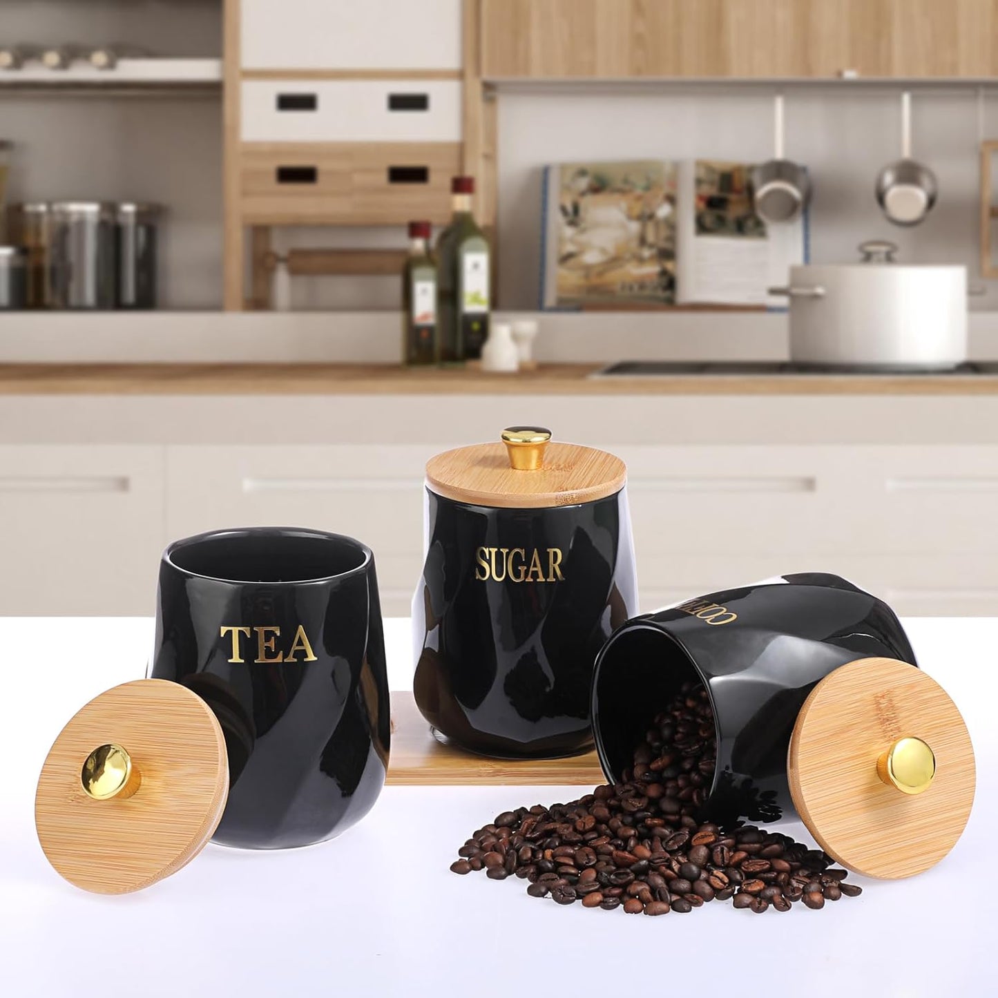 Dluxe Ave. OGANAZI 3 Pack Ceramic Canister Set with Bamboo Lids and Handle Tray Coffee Tea Sugar Container Set Black Ceramic Storage Jar Kitchen Canister for Countertop