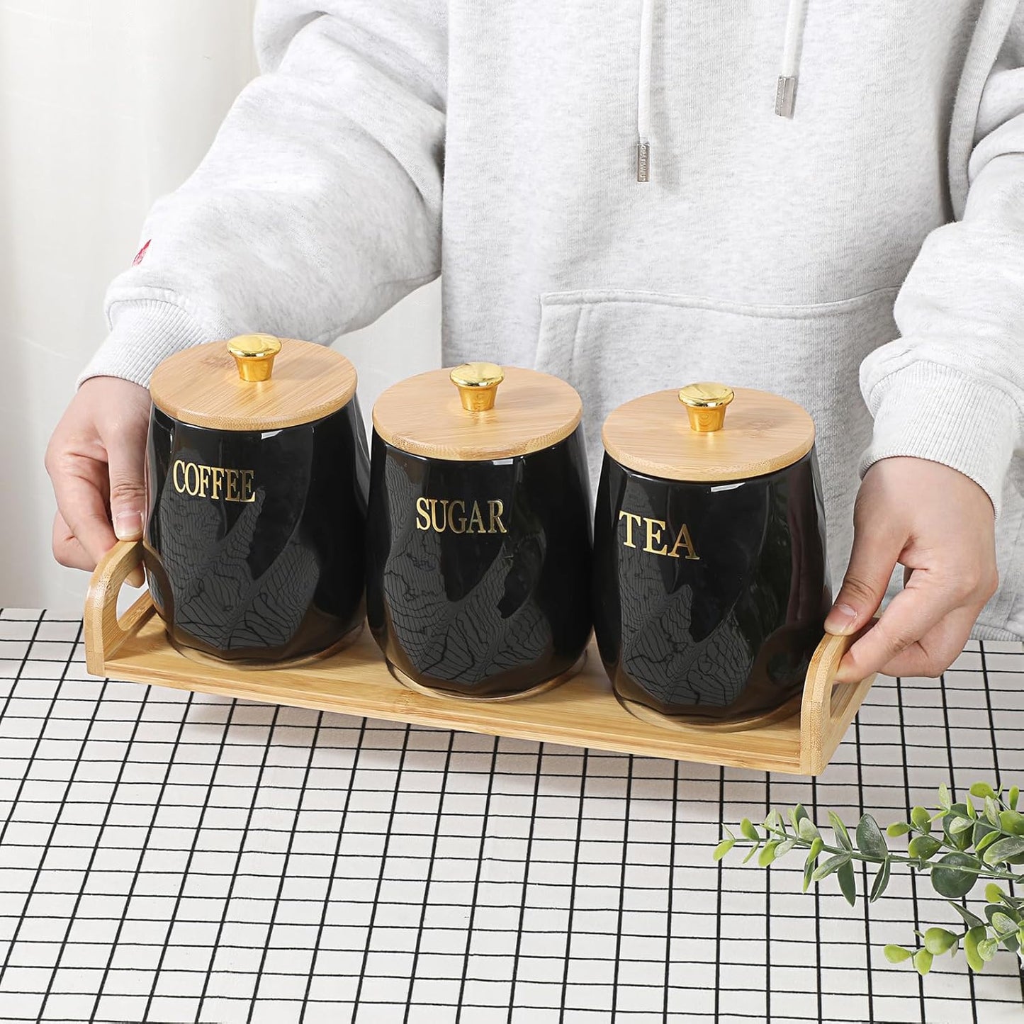 Dluxe Ave. OGANAZI 3 Pack Ceramic Canister Set with Bamboo Lids and Handle Tray Coffee Tea Sugar Container Set Black Ceramic Storage Jar Kitchen Canister for Countertop