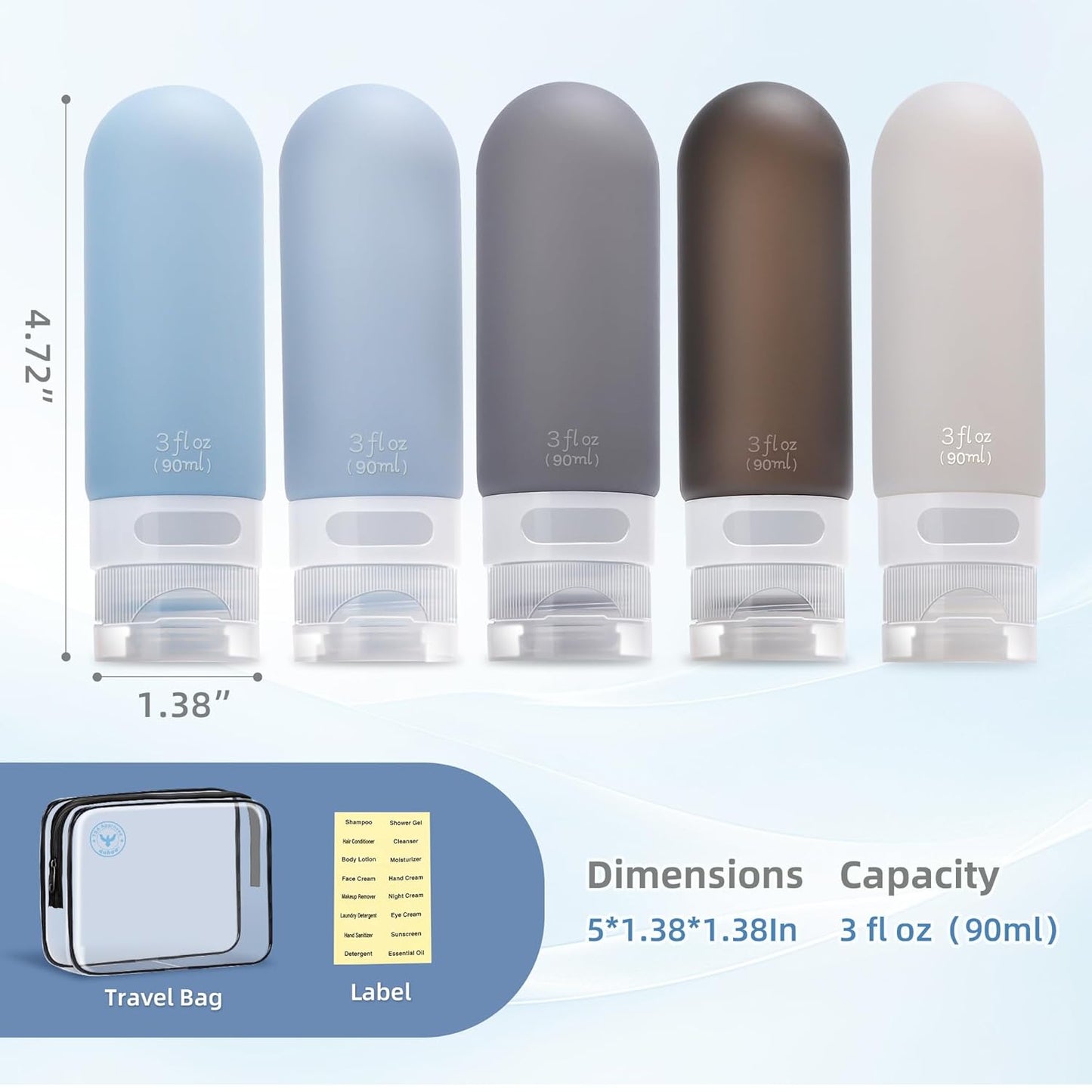 Dluxe Ave. 3oz Travel Bottles for Toiletries/ Leak Proof/ TSA Approved/ 5 Pack/ Black