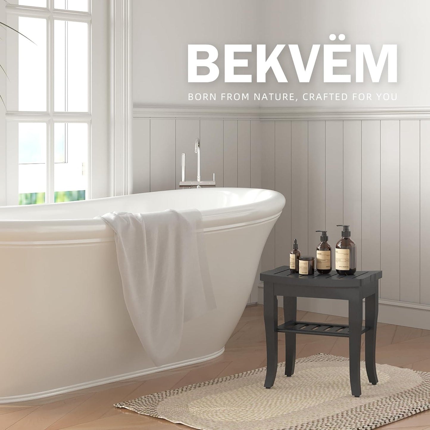 Dluxe Ave. BEKVEM Bamboo Shower Bench Spa Small Shower Stool for Inside Shower Waterproof Bathroom Black