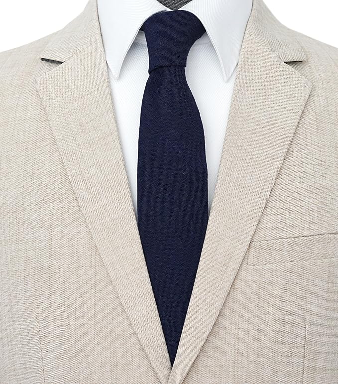 Dluxe Ave. Mens Skinny Ties Cotton Linen/ 2.5 inch Slim Marine/ Navy Blue