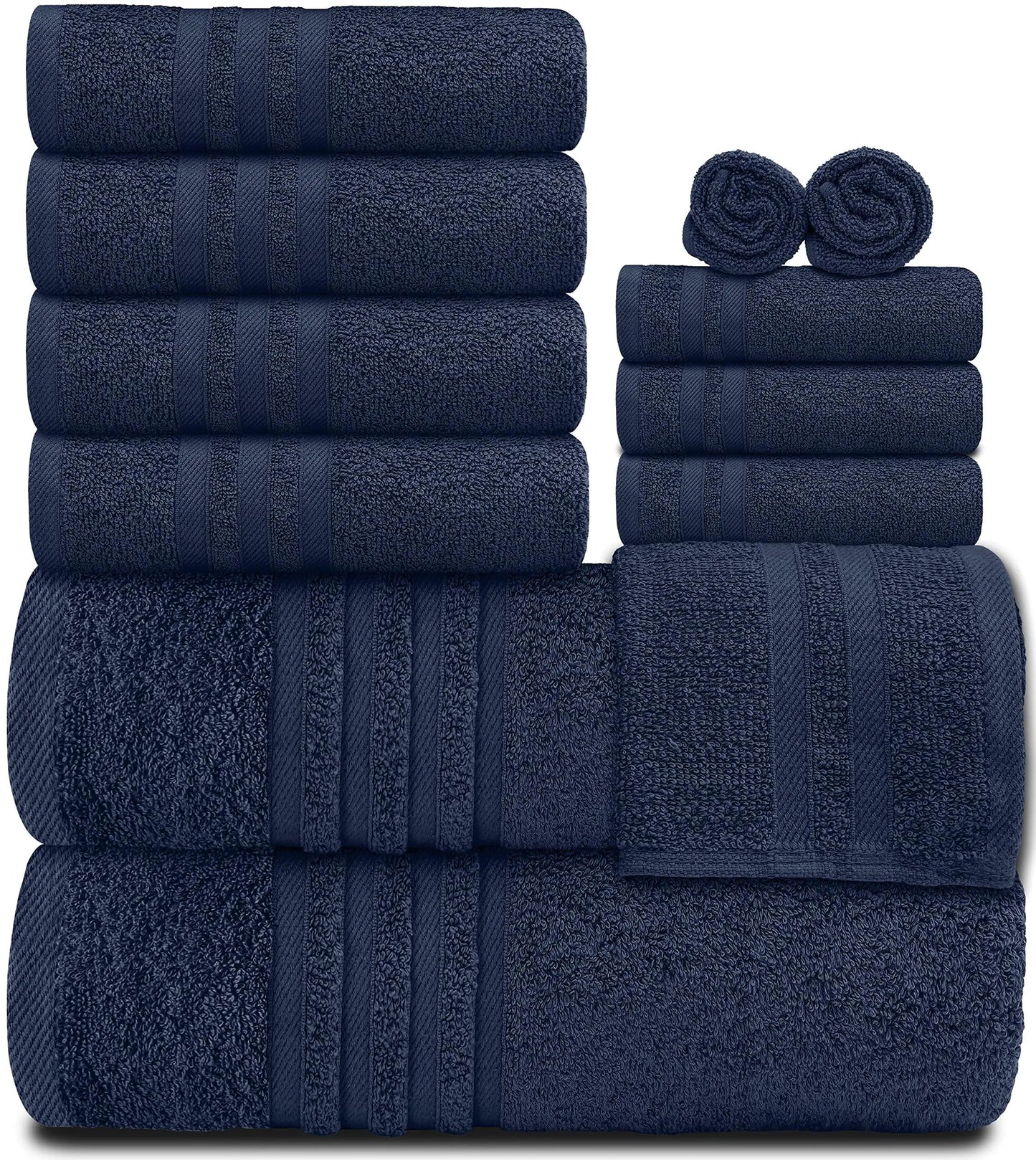 Dluxe Ave. 12 Pcs Bath Towel Set for Bathroom Wealuxe Collection 100% Cotton Soft Navy Blue